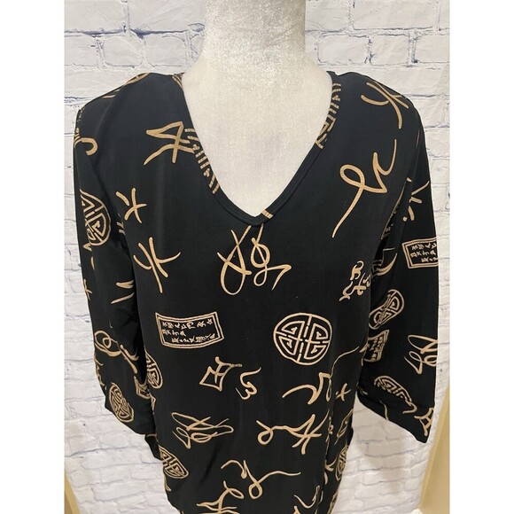 QVC Susan Graver Black Gold Lustra Knit Asian Print 3/4 Sleeve V-neck Tunic Sz L - Picture 2 of 6